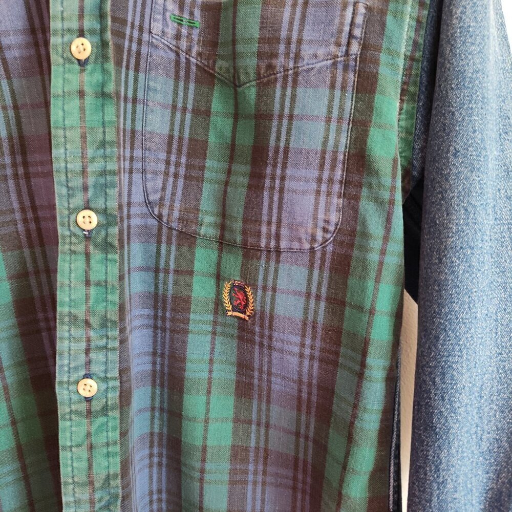 Boys SZ M Vintage Tommy Hilfiger Green/Multi Mixed Media Denim Shirt - Picture 4 of 6